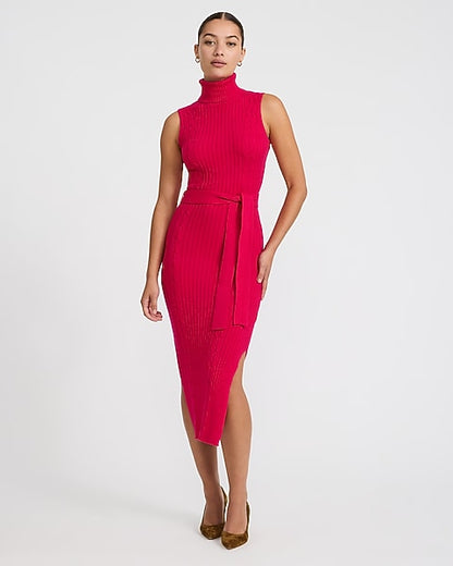 Turtleneck Sleeveless Tie Waist Maxi Sweater Dress