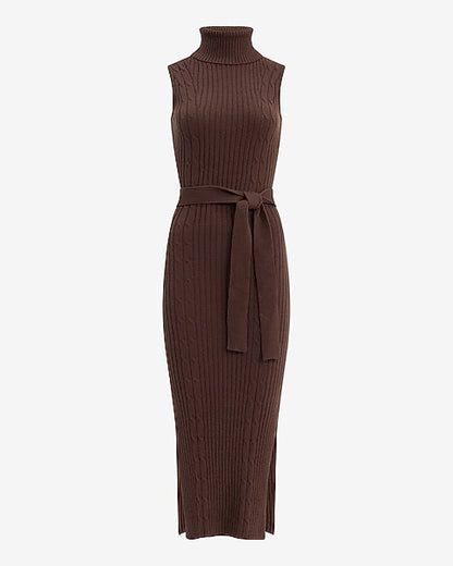 Turtleneck Sleeveless Tie Waist Maxi Sweater Dress