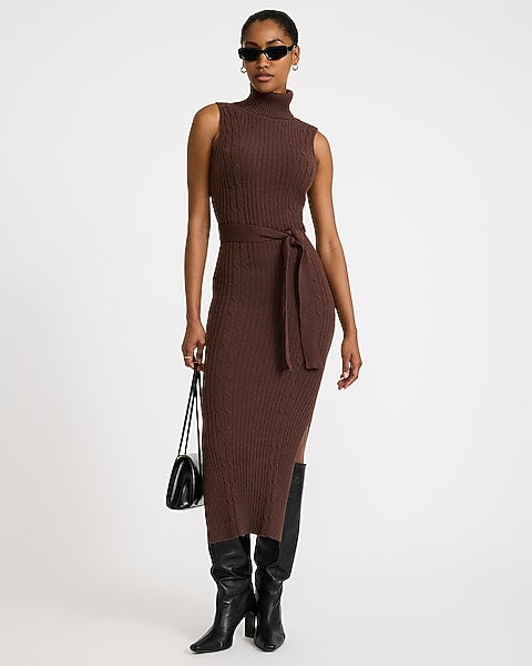 Turtleneck Sleeveless Tie Waist Maxi Sweater Dress