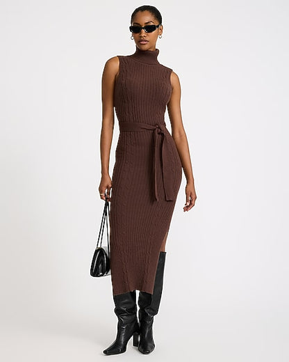 Turtleneck Sleeveless Tie Waist Maxi Sweater Dress