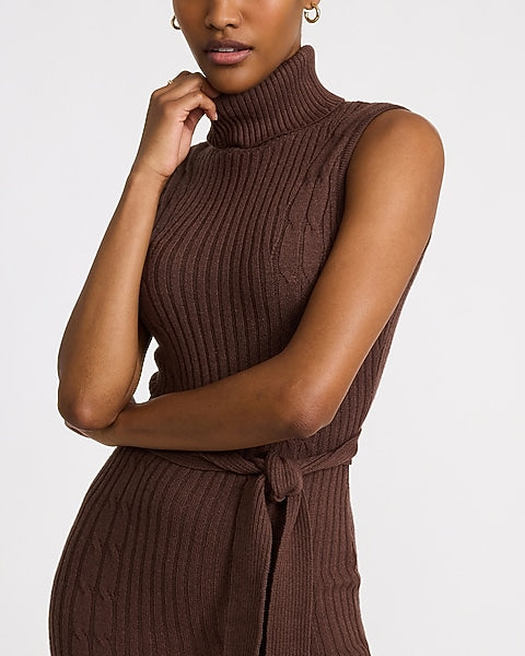 Turtleneck Sleeveless Tie Waist Maxi Sweater Dress