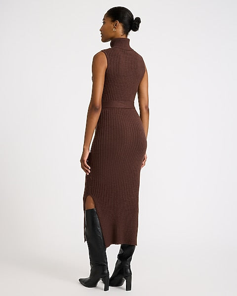 Turtleneck Sleeveless Tie Waist Maxi Sweater Dress