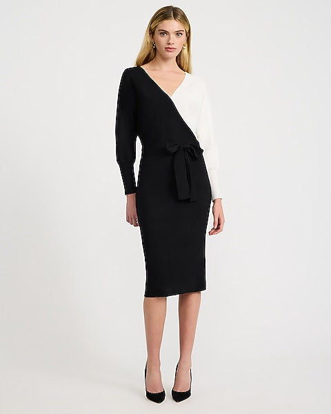 Color Block Double V-Neck Tie Waist Midi Sweater Dress