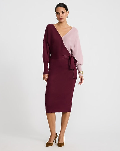 Color Block Double V-Neck Tie Waist Midi Sweater Dress