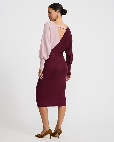 Color Block Double V-Neck Tie Waist Midi Sweater Dress