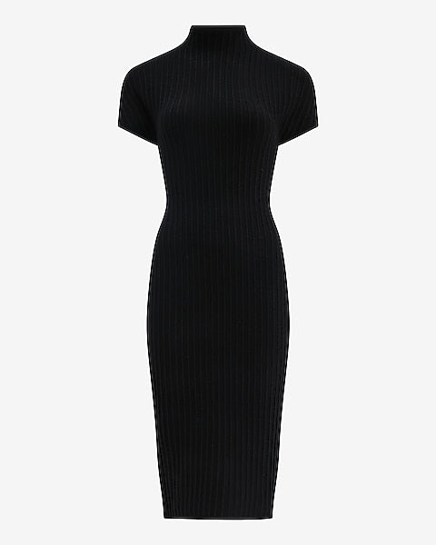 Ribbed Mock Neck Short Sleeve Midi Sweater Dress