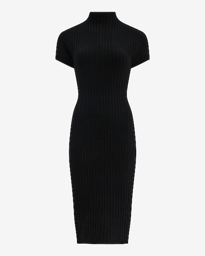 Ribbed Mock Neck Short Sleeve Midi Sweater Dress