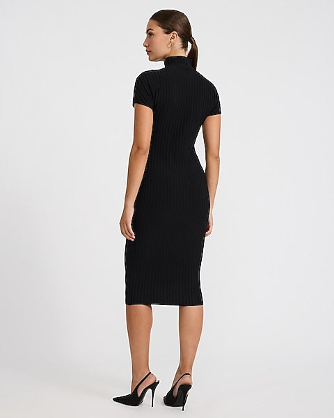 Ribbed Mock Neck Short Sleeve Midi Sweater Dress