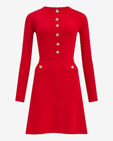 Crew Neck Gold Button Tailored Mini Sweater Dress - RED
