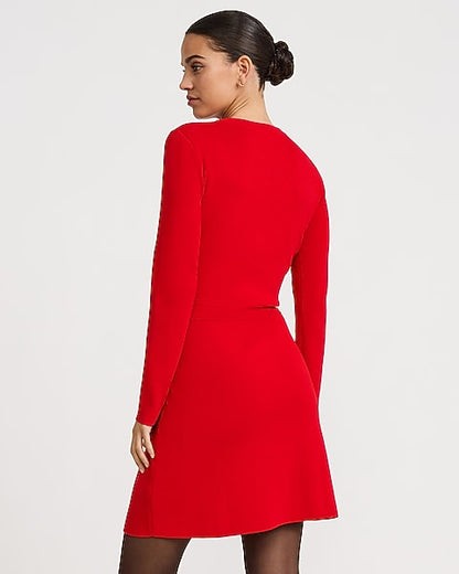 Crew Neck Gold Button Tailored Mini Sweater Dress - RED