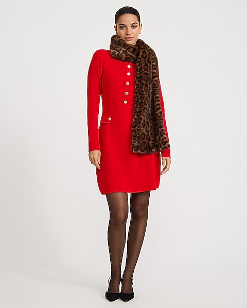 Crew Neck Gold Button Tailored Mini Sweater Dress - RED