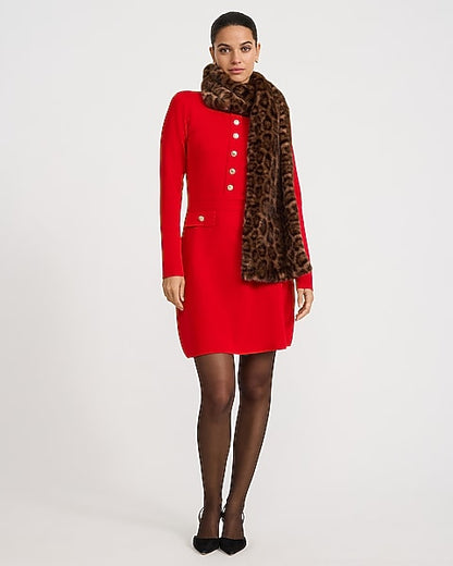 Crew Neck Gold Button Tailored Mini Sweater Dress - RED