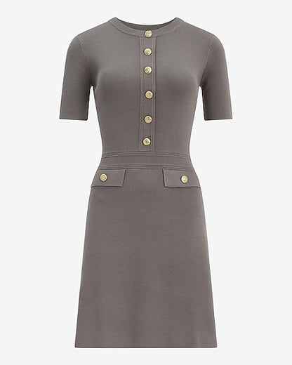 Crew Neck Novelty Button Tailored Mini Sweater Dress - Gray