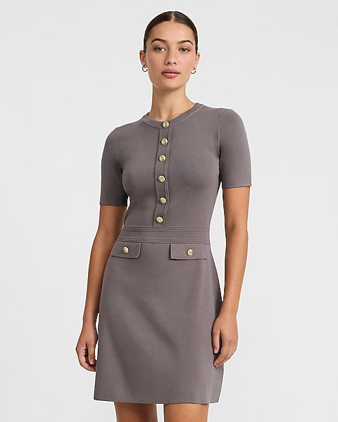 Crew Neck Novelty Button Tailored Mini Sweater Dress - Gray