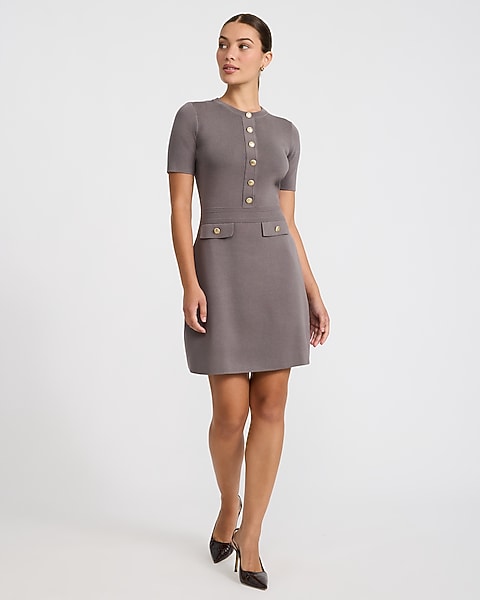 Crew Neck Novelty Button Tailored Mini Sweater Dress - Gray