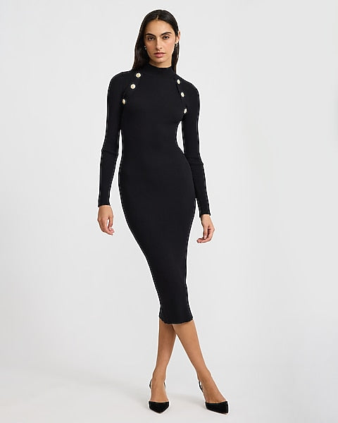 Ribbed Mock Neck Novelty Button Midi Sweater Dress