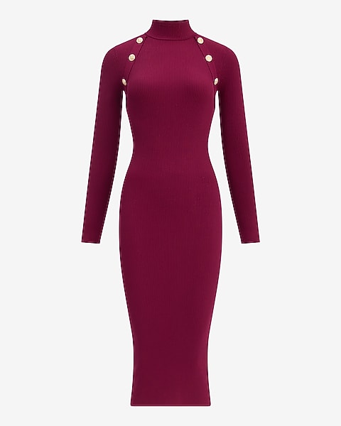 Ribbed Mock Neck Novelty Button Midi Sweater Dress