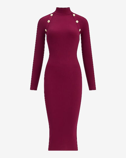 Ribbed Mock Neck Novelty Button Midi Sweater Dress
