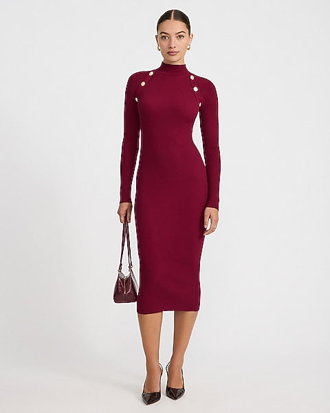 Ribbed Mock Neck Novelty Button Midi Sweater Dress