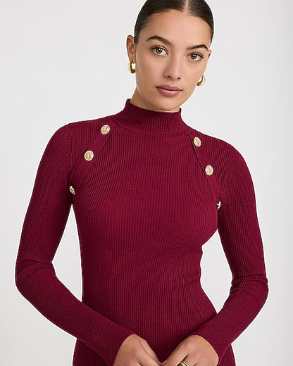 Ribbed Mock Neck Novelty Button Midi Sweater Dress