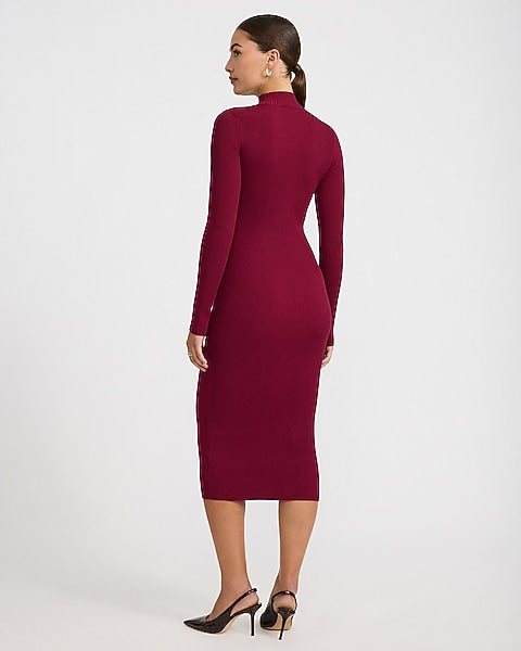 Ribbed Mock Neck Novelty Button Midi Sweater Dress