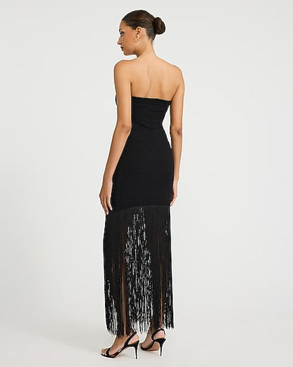 Textured Strapless Fringe Maxi Tube Dress