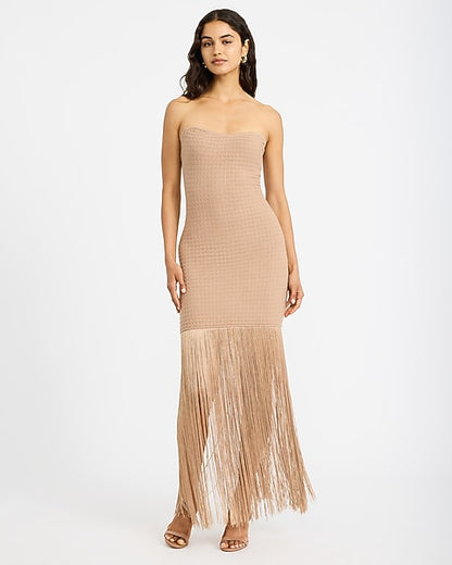 Textured Strapless Fringe Maxi Tube Dress