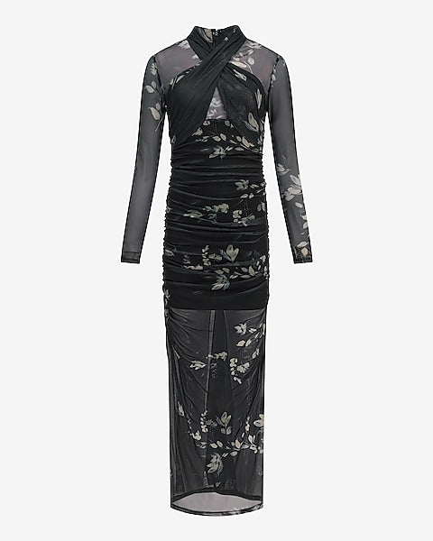 Floral Mesh Crossover Ruched Sheer Hem Maxi Dress - B&W Print