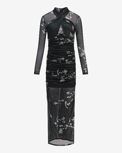 Floral Mesh Crossover Ruched Sheer Hem Maxi Dress - B&W Print