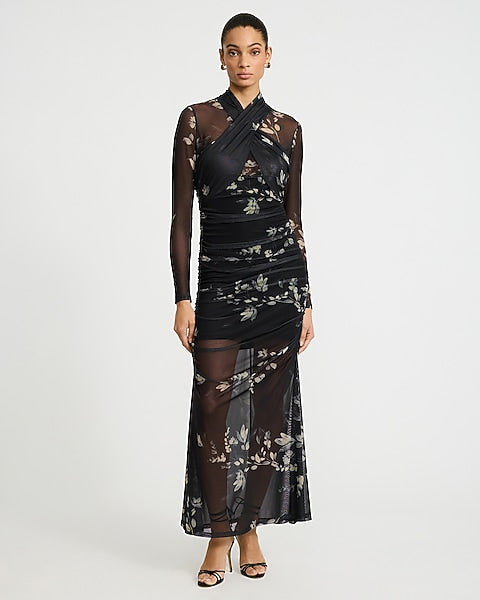 Floral Mesh Crossover Ruched Sheer Hem Maxi Dress - B&W Print