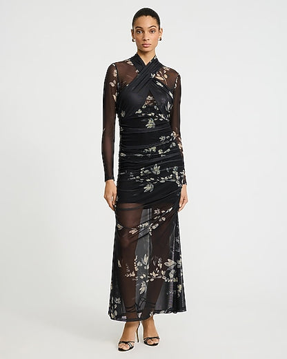 Floral Mesh Crossover Ruched Sheer Hem Maxi Dress - B&W Print