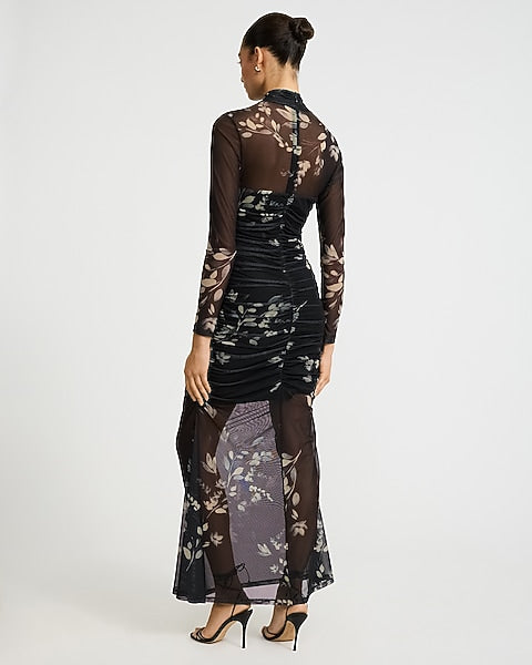Floral Mesh Crossover Ruched Sheer Hem Maxi Dress - B&W Print
