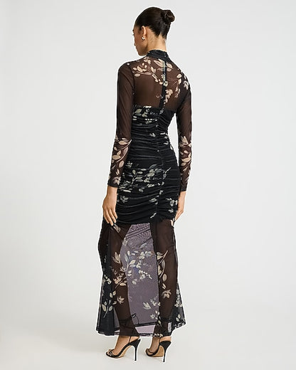 Floral Mesh Crossover Ruched Sheer Hem Maxi Dress - B&W Print