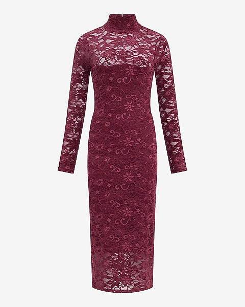 Velvet Lace Mock Neck Long Sleeve Midi Dress - Maroon