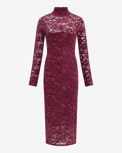 Velvet Lace Mock Neck Long Sleeve Midi Dress - Maroon