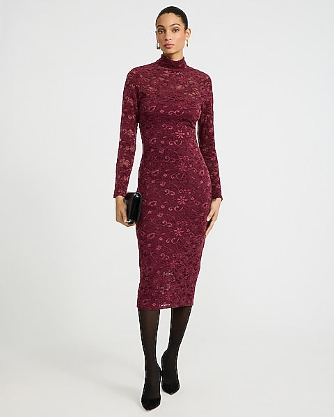 Velvet Lace Mock Neck Long Sleeve Midi Dress - Maroon
