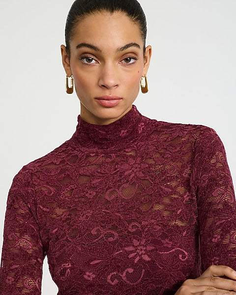 Velvet Lace Mock Neck Long Sleeve Midi Dress - Maroon