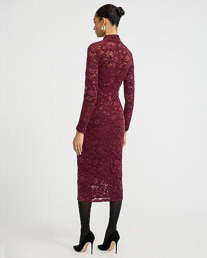 Velvet Lace Mock Neck Long Sleeve Midi Dress - Maroon