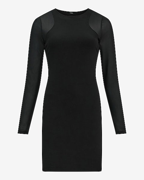 Mesh Pieced Crew Neck Long Sleeve Mini Dress - Pitch Black