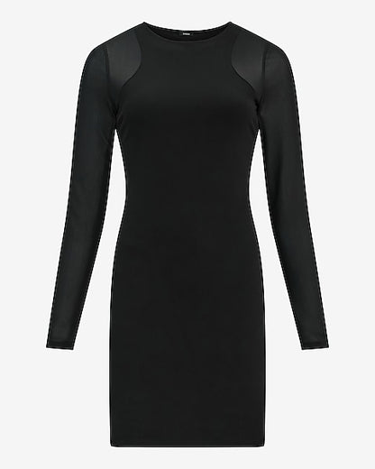 Mesh Pieced Crew Neck Long Sleeve Mini Dress - Pitch Black