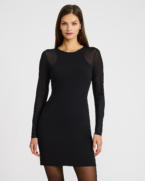 Mesh Pieced Crew Neck Long Sleeve Mini Dress - Pitch Black