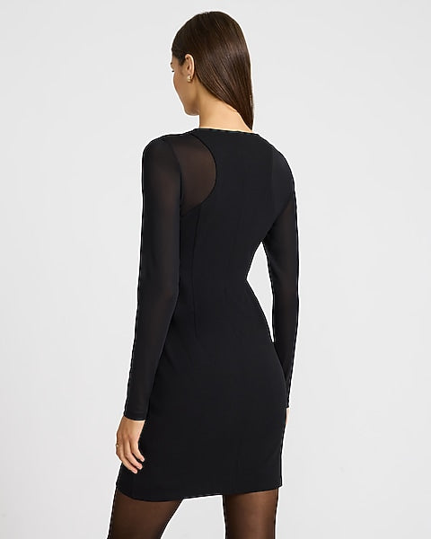 Mesh Pieced Crew Neck Long Sleeve Mini Dress - Pitch Black