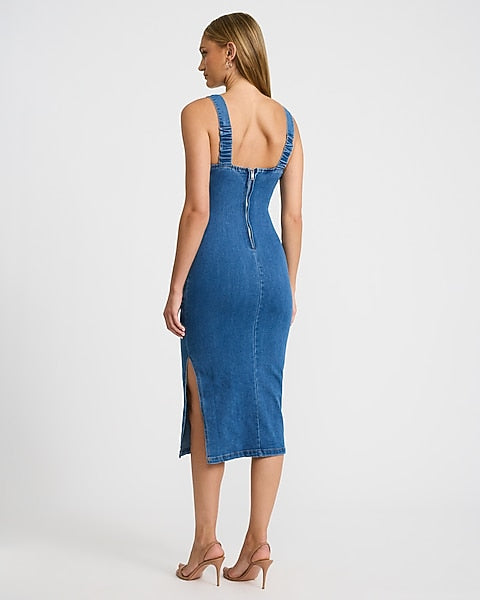 Stretch Denim Sleeveless Corset Midi Sheath Dress - Medium Wash