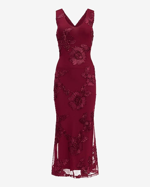 Floral Embellished Mesh V-Neck Cross Back Maxi Dress - WINE