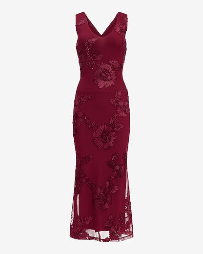 Floral Embellished Mesh V-Neck Cross Back Maxi Dress - WINE