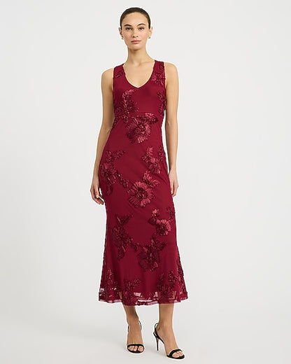 Floral Embellished Mesh V-Neck Cross Back Maxi Dress - WINE