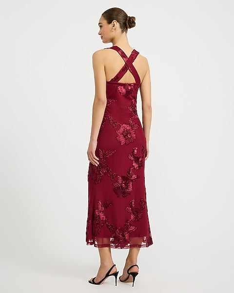 Floral Embellished Mesh V-Neck Cross Back Maxi Dress - WINE