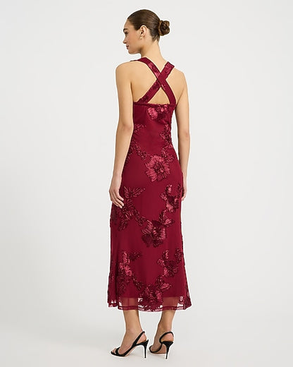 Floral Embellished Mesh V-Neck Cross Back Maxi Dress - WINE