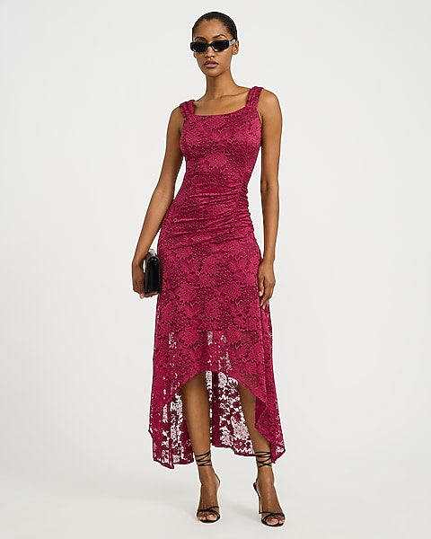 Lace Ruched Asymmetrical Hem Maxi Dress