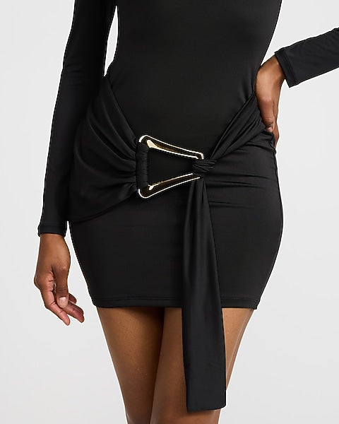 Jersey Knit Square Neck Long Sleeve Belted Mini Wrap Dress